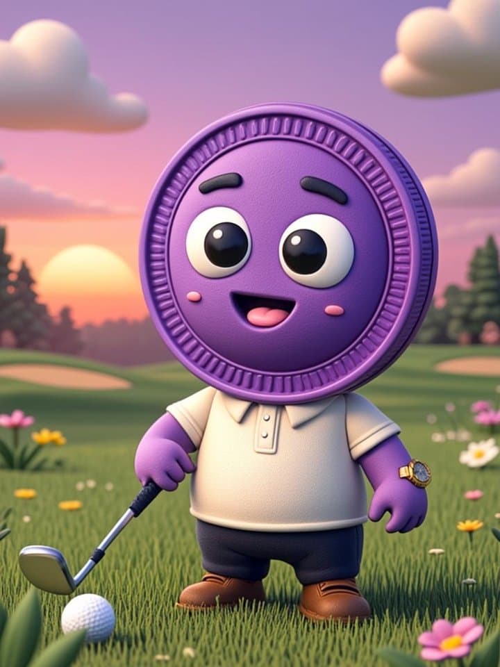 CakeCoin mascot lining up a putt